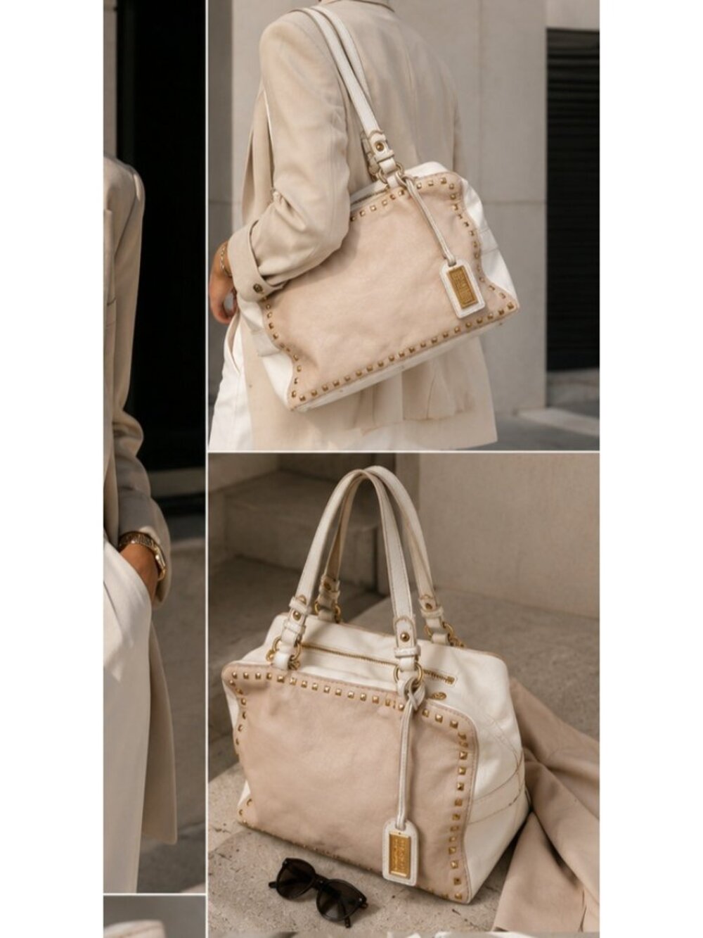 Badgley Mischka Studded Leather Shoulder Bag Cream Ivory Gold Convertible Purse